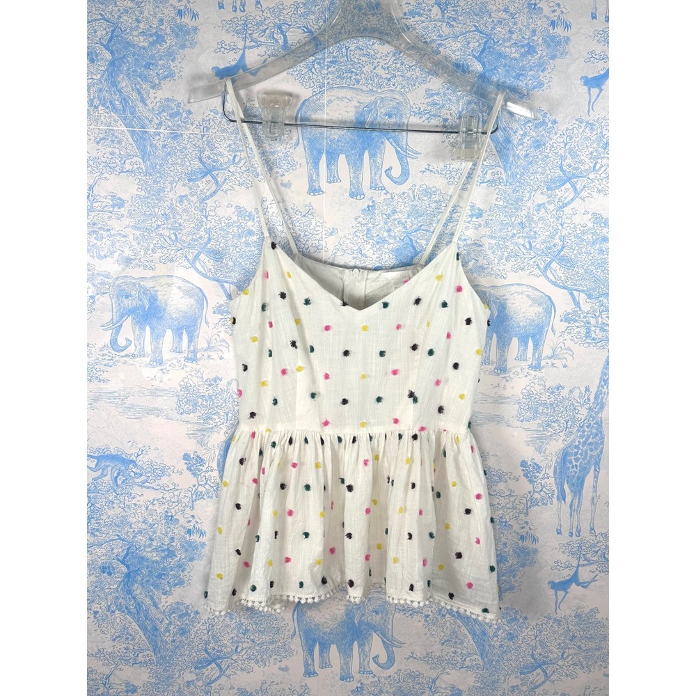 H&M White Tufted Polka Dot Peplum‎ Camisole Top V-Neck Pom Pom Trim Womens